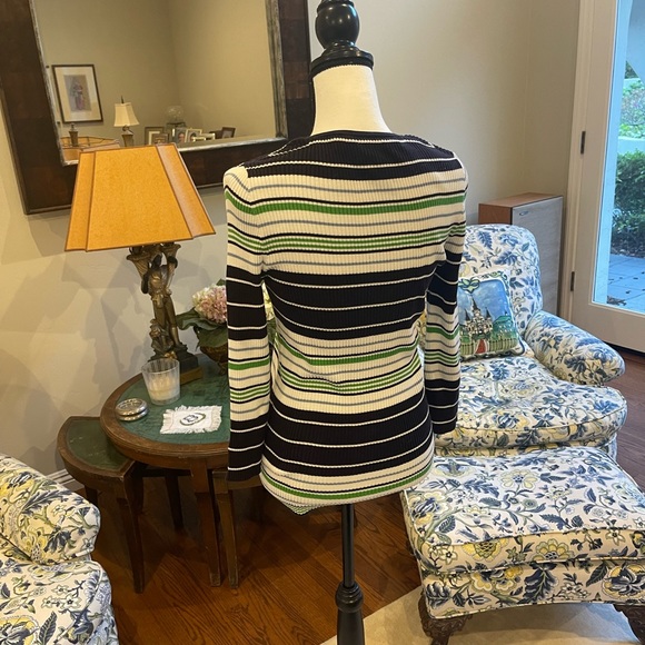 Tory Burch Navy, Green& White striped ribbed 1/4 Zip Top with 3/4 Sleeves Medium - Picture 5 of 8
